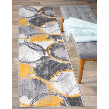 World Rug Gallery Contemporary Circles Yellow/Gray/Ivory Runner Rug 2'x7' 2064YELLOW2X7